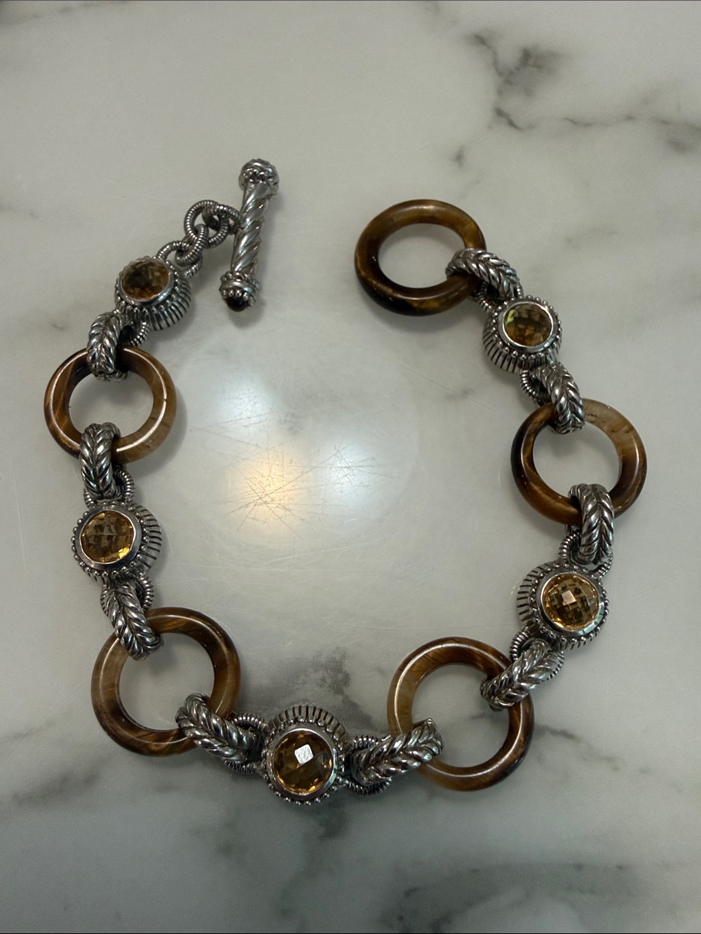 Judith Ripka silver, tigers eye, and citrine toggle bracelet